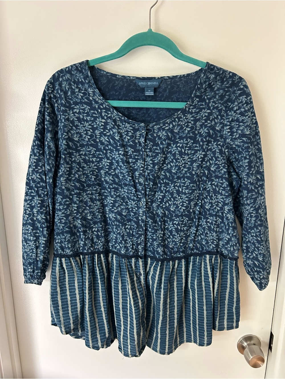 April Cornell Blue Floral & Stripe button up top